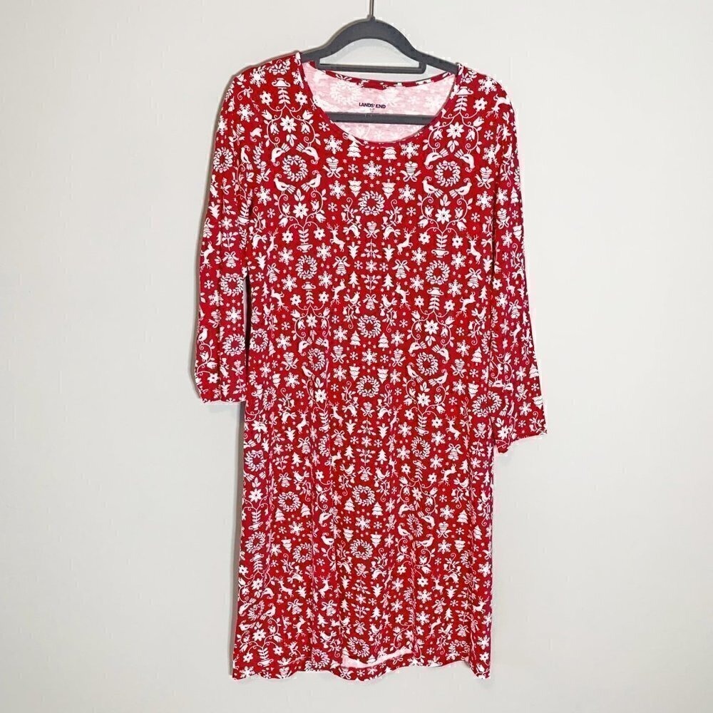 Lands' End‎ Red White Christmas Holiday Print Long Sleeve Dress Womens Small